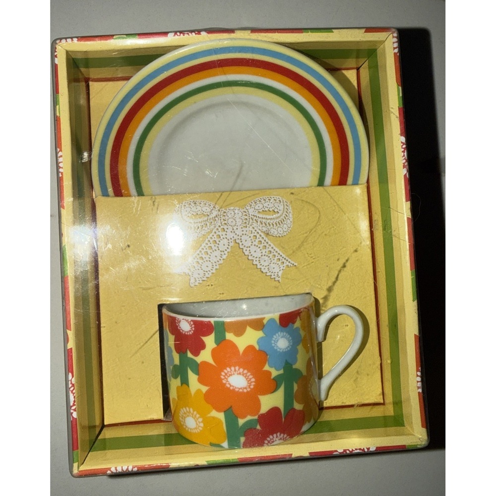 Daiso Japan colorful Floral Cup Rainbow Saucer Set Porcelain Mug Tea Coffee NIB